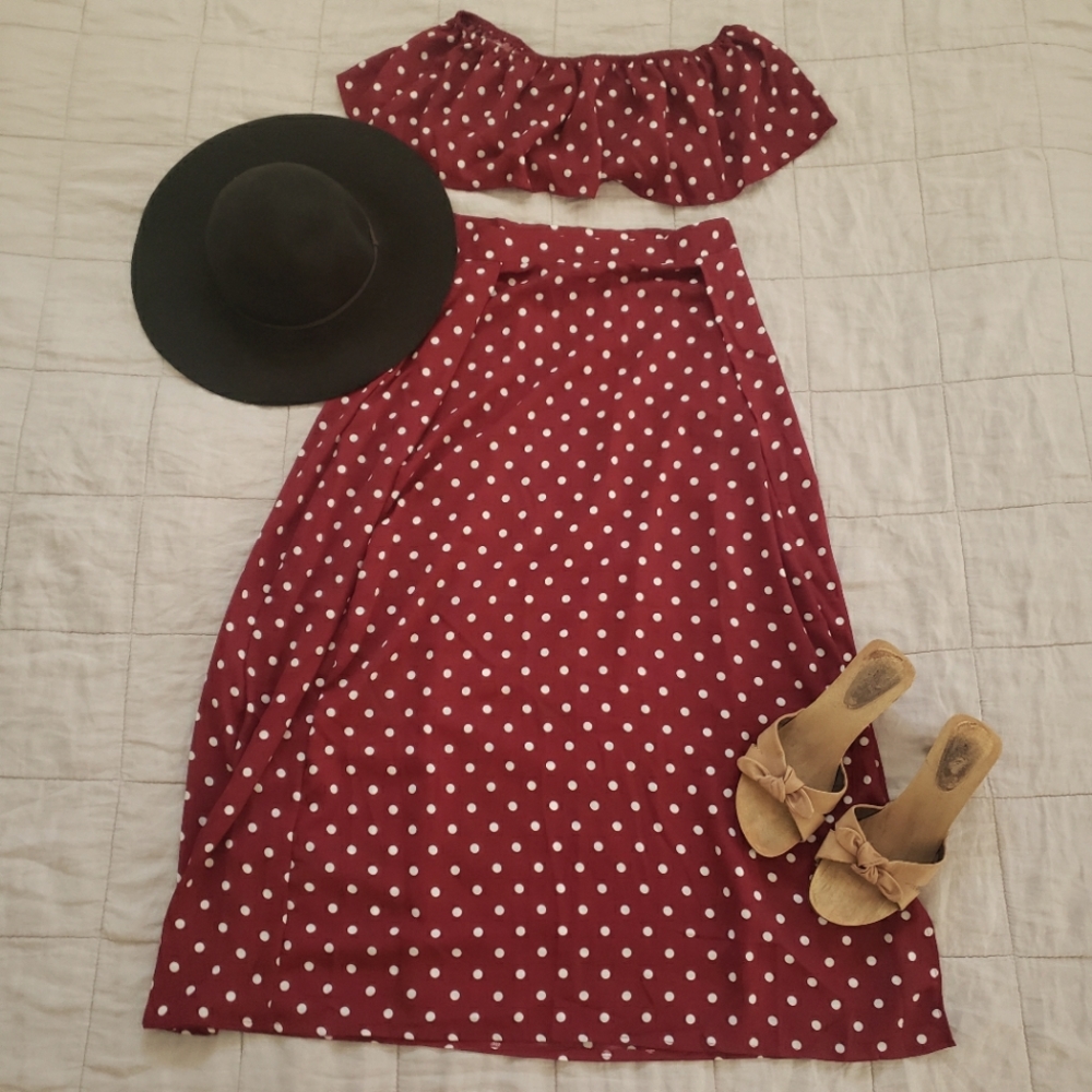Red polka dot maxi skirt and crop top set